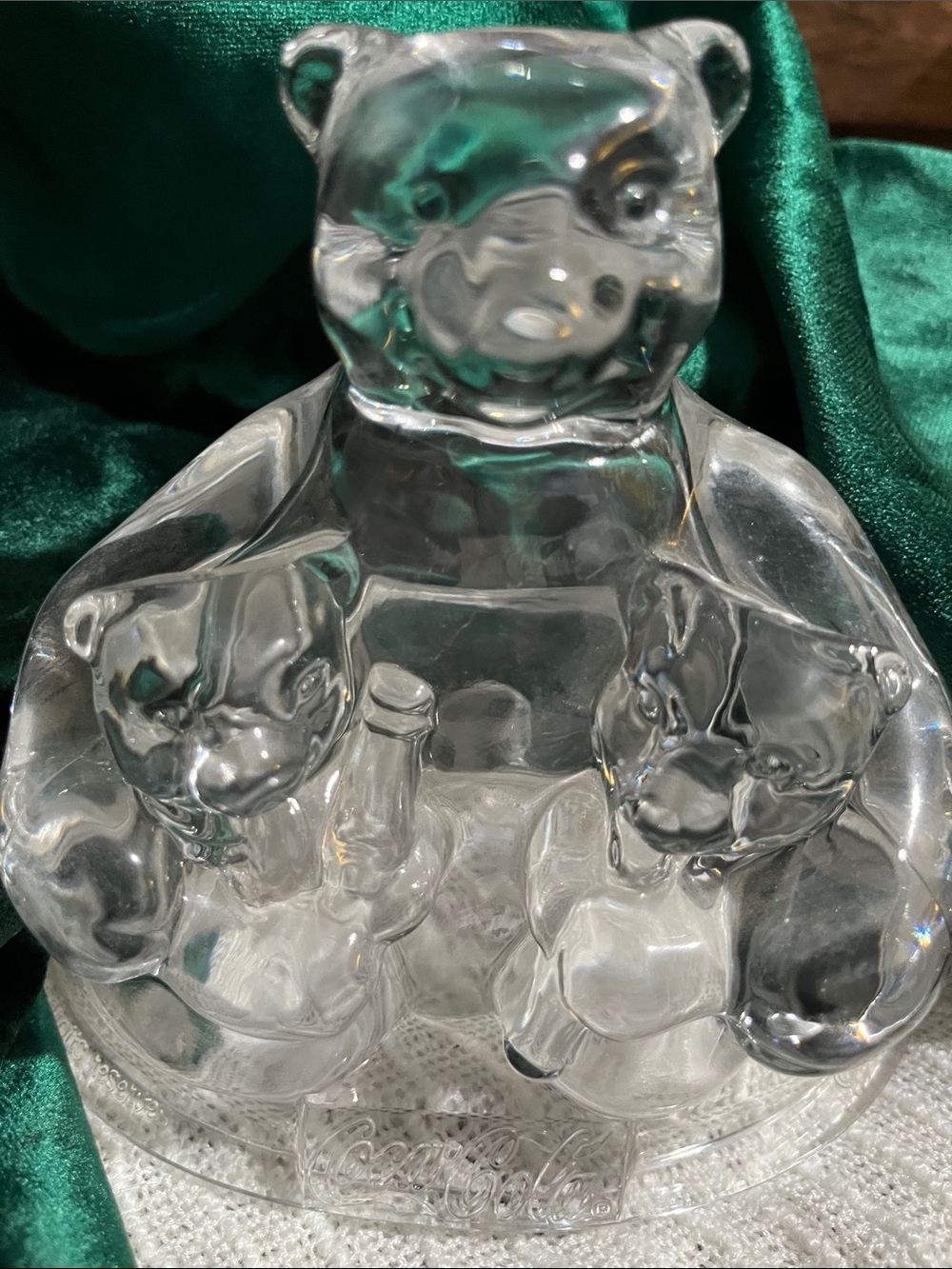 Coca Cola Clear Glass Bear Family Figurine with Green Reflections